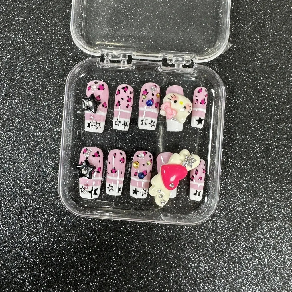 Cute 2024 Coffee Brown 3D Handmade Nail Art Sanrio Hello Kitty French Long Coffin Shape Star Kitty Full Coverage Removable Nails